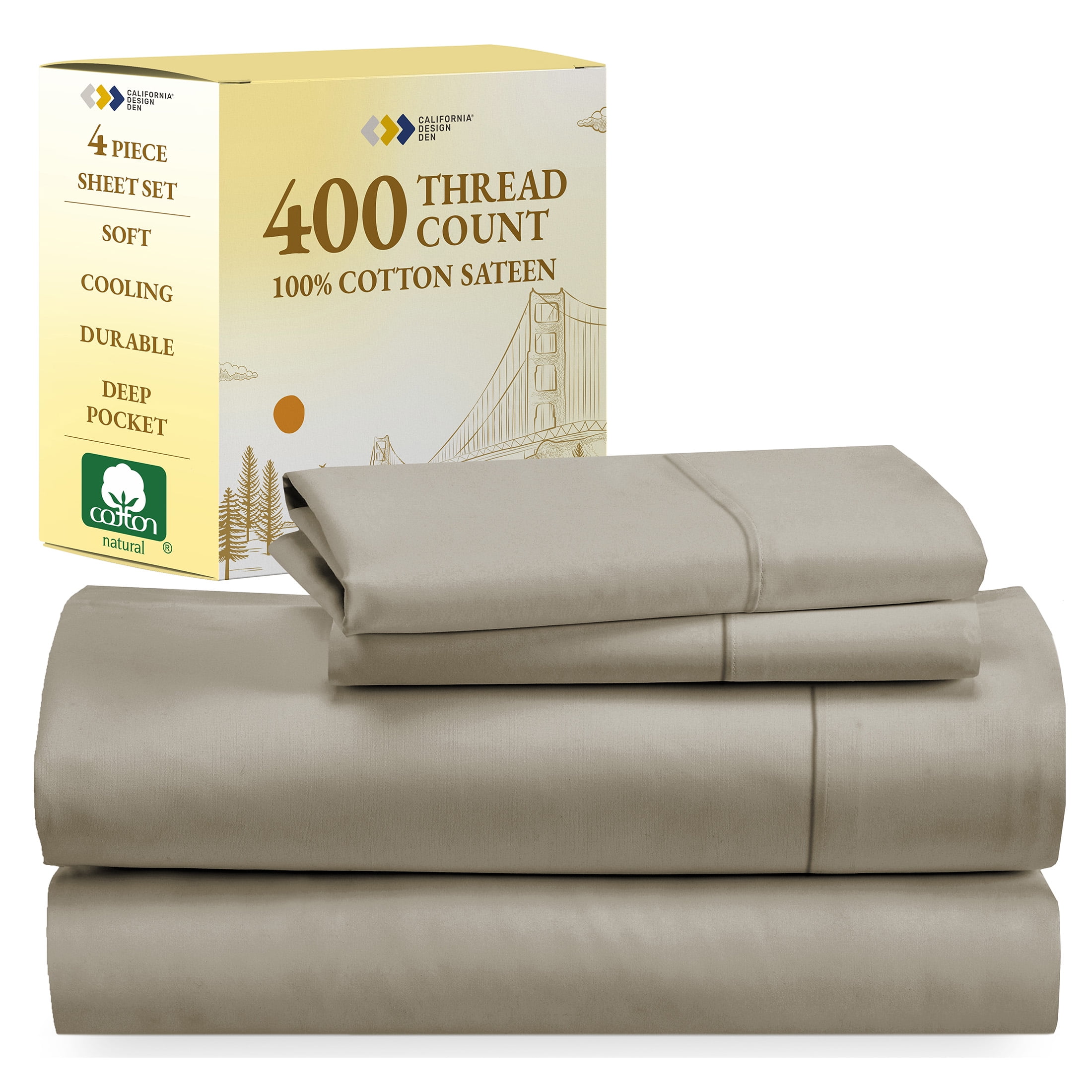 California Design Den 400 Thread Count 100% Cotton Sateen Weave Sheet Set, Queen Size, Taupe - image 1 of 10