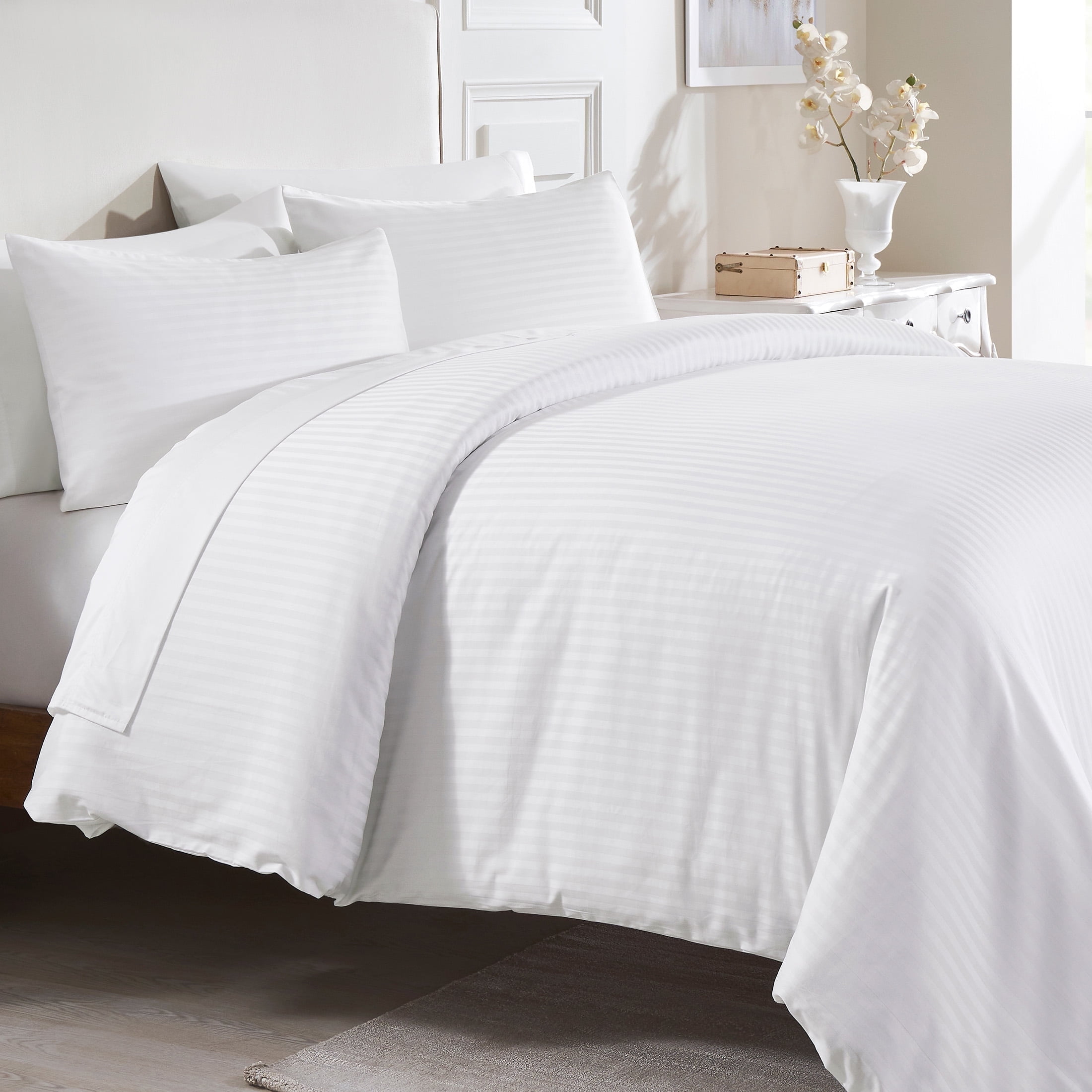 White Striped Queen Cotton Sateen Duvet Cover Set
