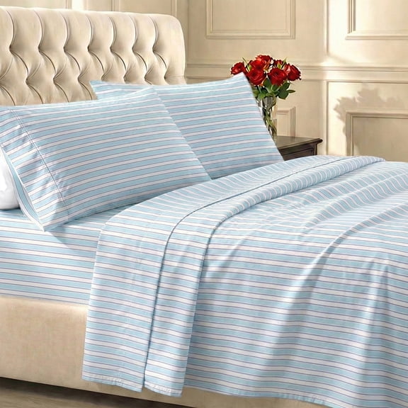 California Design Den Queen Size Sheets Set - 400 Thread Count 100% Cotton Sateen, Soft & Breathable, Deep Pocket Sheets - Cape Stripe Blue Print