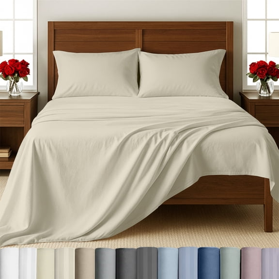 California Design Den 500-Thread-Count Cotton Sateen King Sheets - 4 Piece Ivory (Creamy Beige Tone) Bed Sheet Set, Smooth Breathable Bed Set, Deep Pocket Fits Mattress 16 Inches