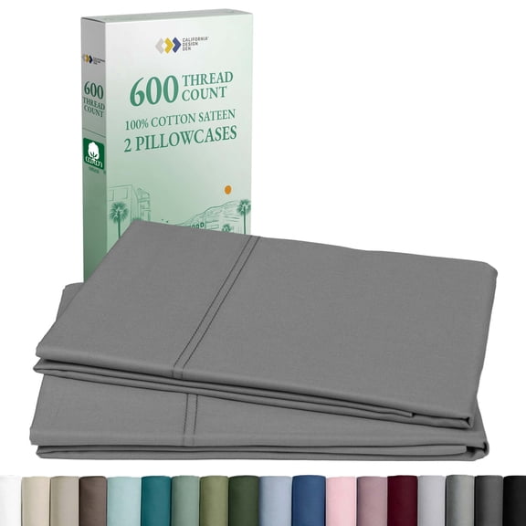 California Design Den 600 Thread Count Pillow Cases King, Set of 2 100% Cotton Sateen, Fits all King Pillows - Mist Grey