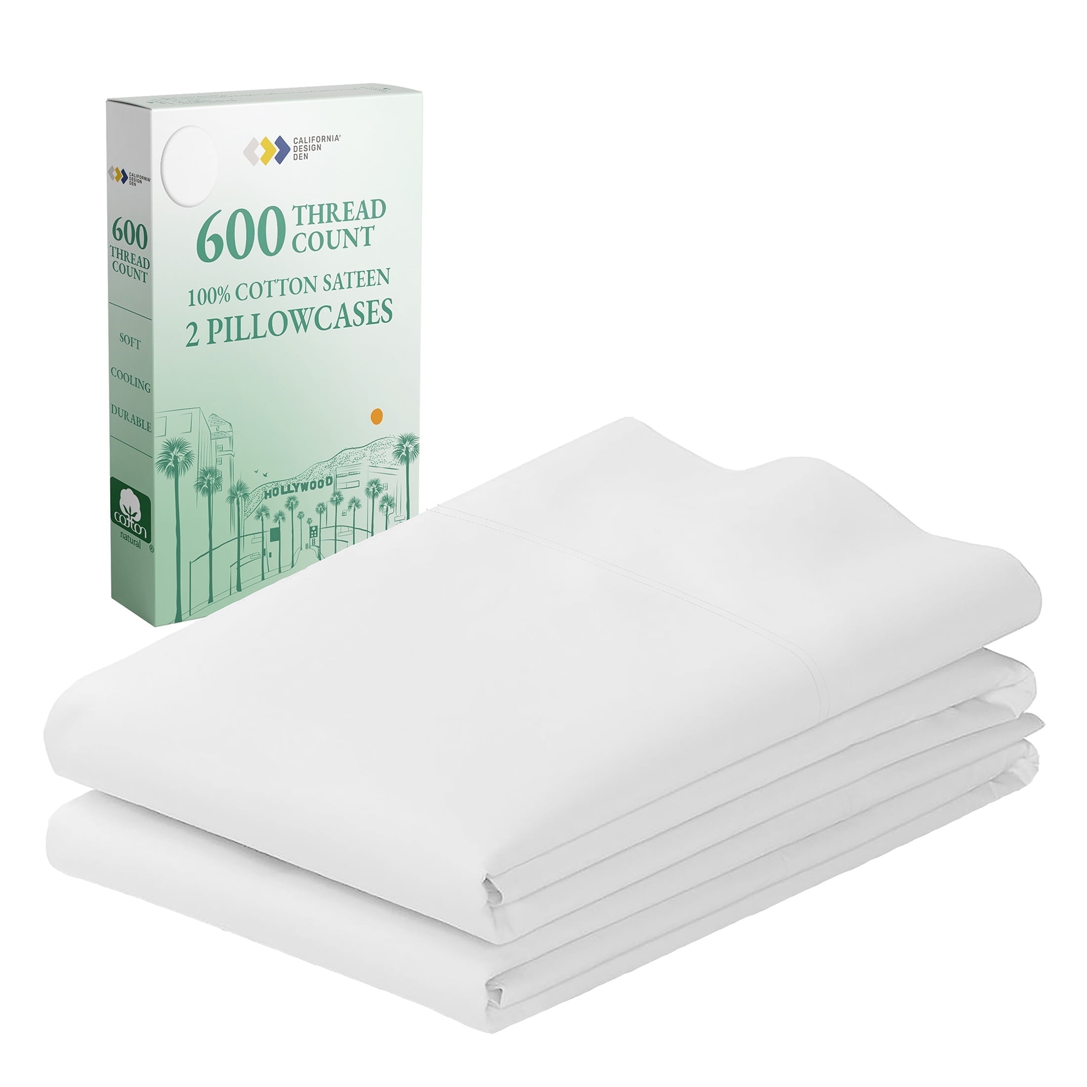 Bright White 600 Thread Count Cotton Sateen Pillowcases, Standard/Queen