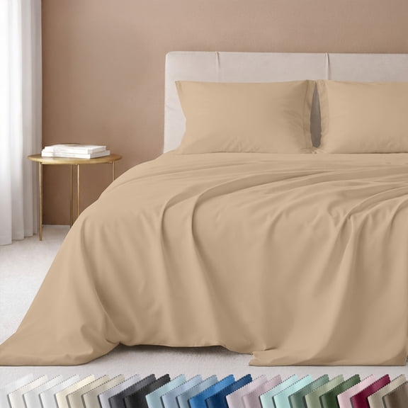 California Design Den Bed Sheets Full Size Set - 600 Thread Count 100% Cotton Sateen, Adult 4 Pc Full Sheets Set- Golden Tan