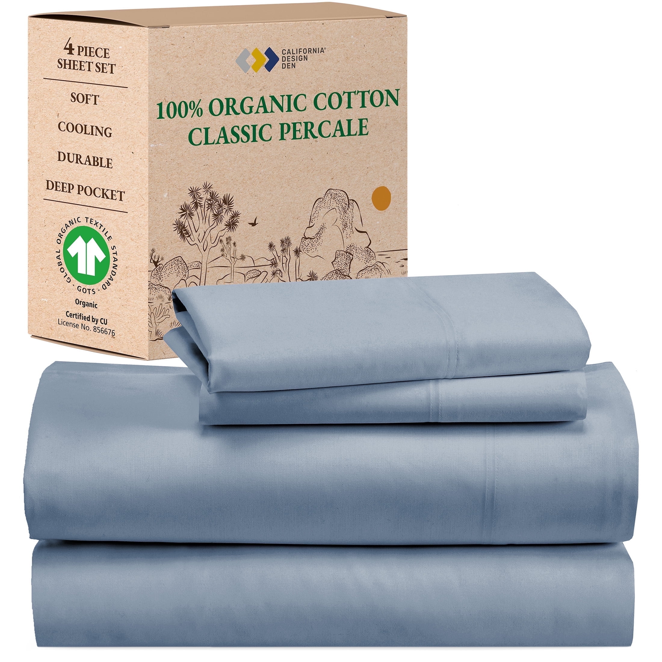 California King Gray Organic Cotton Percale Deep Pocket Sheet Set