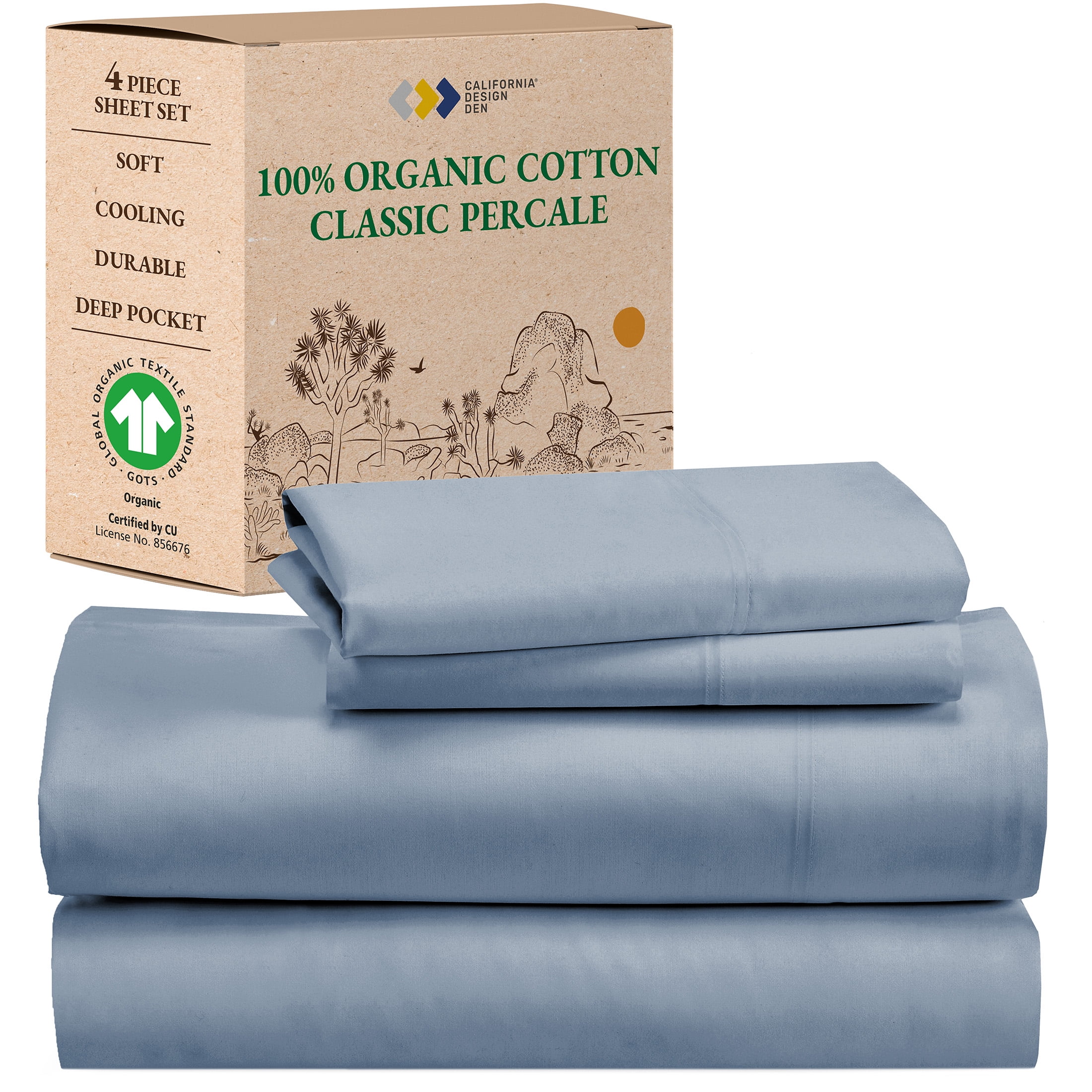 California King Gray Organic Cotton Percale Deep Pocket Sheet Set