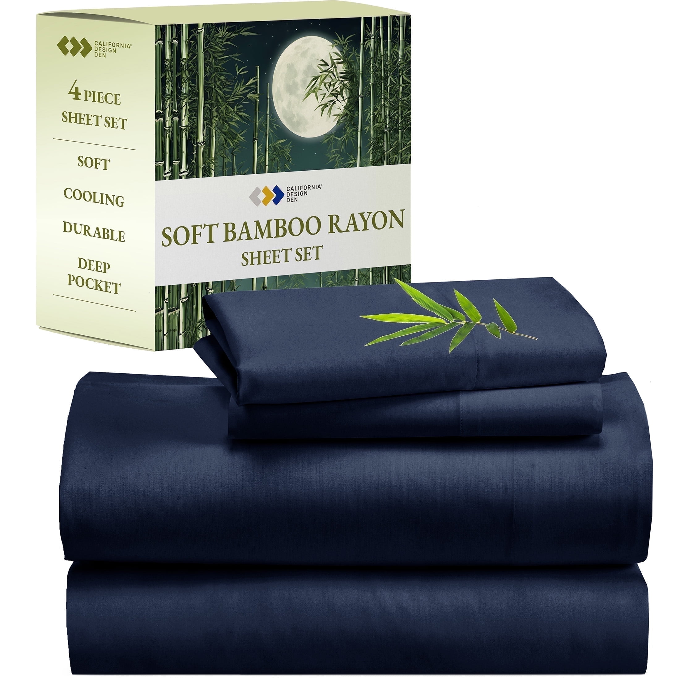 California Design Den California King Deep Pocket Sheets - Soft Rayon Bamboo Sheets, Silk Sheets 4 Piece Sheet Set, Deep Pockets, Navy Blue