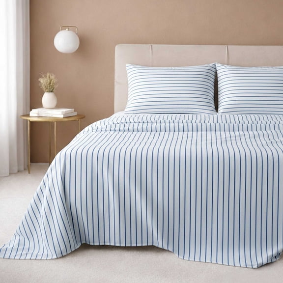California Design Den California King Printed Sheets Set - 600 Thread Count, 100% Cotton Sateen - Classic Blue Stripe Print