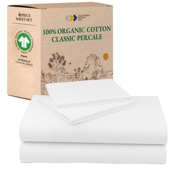 California Design Den California King Sheets, 100% Organic Cotton Sheets - Percale Sheets - Soft, Crisp Sheets, Deep Pockets, 4 Piece Bed Sheet Set, Bright White