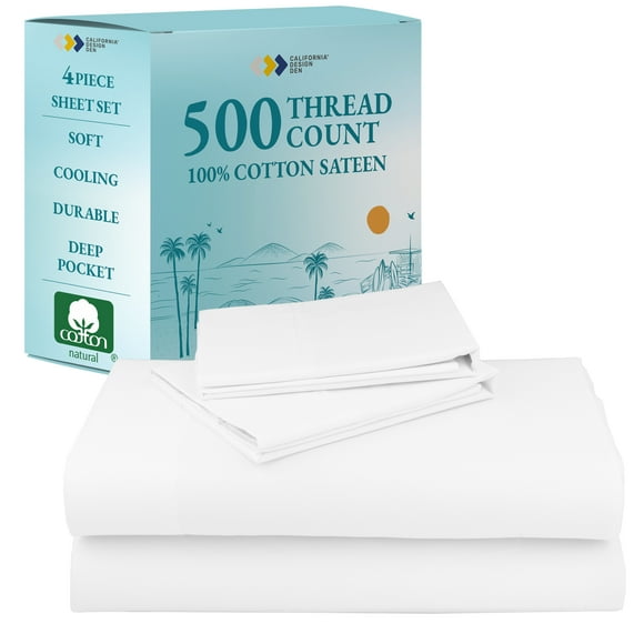 California Design Den California King Sheets - 500 Thread Count 100% Cotton Sateen, 4 Piece Sheet Set, Bed Sheets with Deep Pocket Fitted Sheet, Bright White