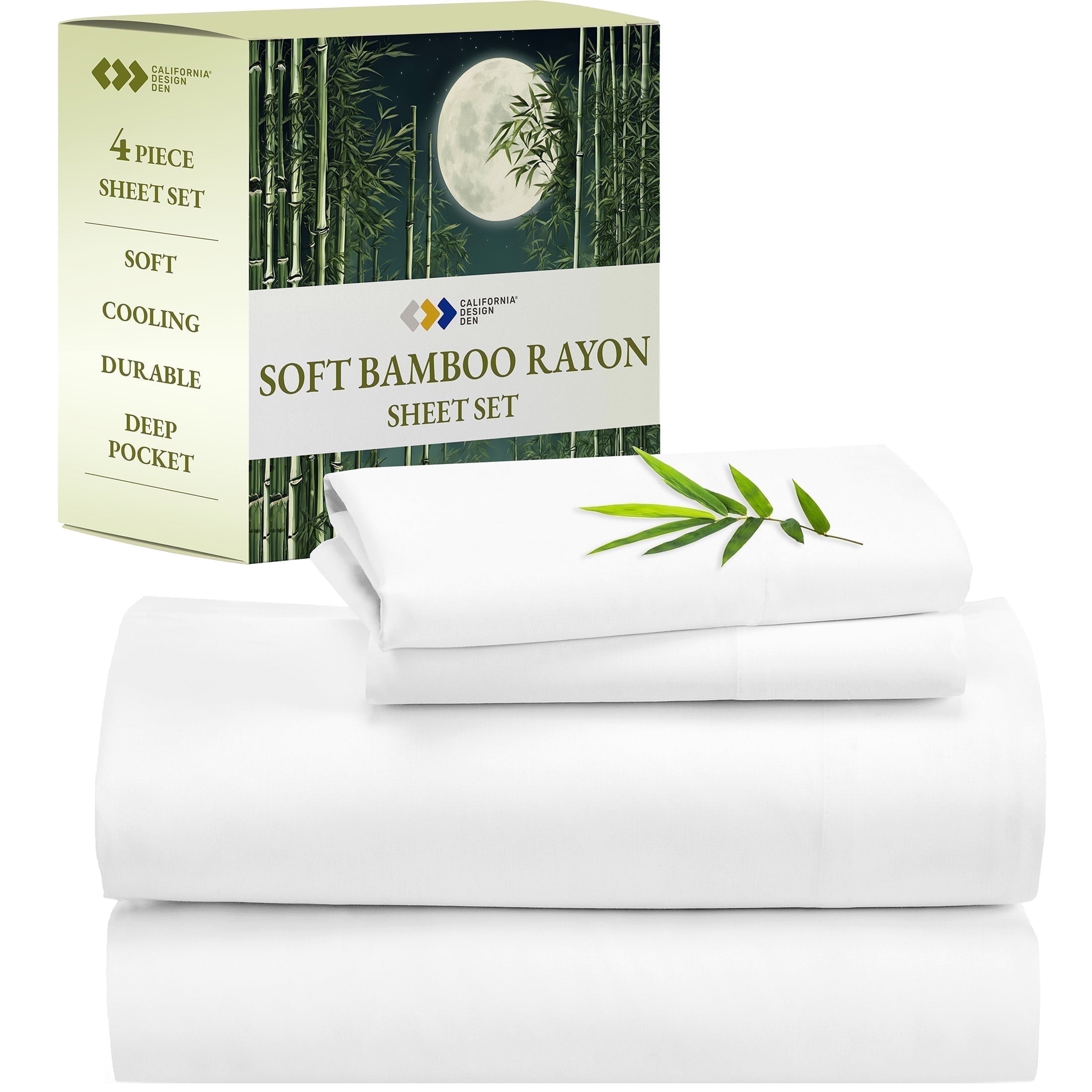 California Design Den California King Sheets - Soft Rayon Bamboo Sheets, Silk Sheets 4 Piece Breathable Sheet Set with Deep Pockets, Bright White