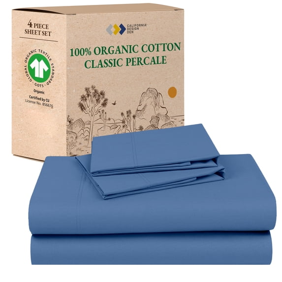 California Design Den California King Size Sheets Set - 100% Organic Cotton Sheets, Crisp Percale, Deep Pocket Bedding Set - Riviera Blue