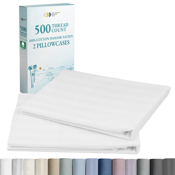 California Design Den Damask Striped 500 Thread Count King Pillow Cases Set of 2, Soft 100% Cotton Sateen, 2 King Pillowcases - White