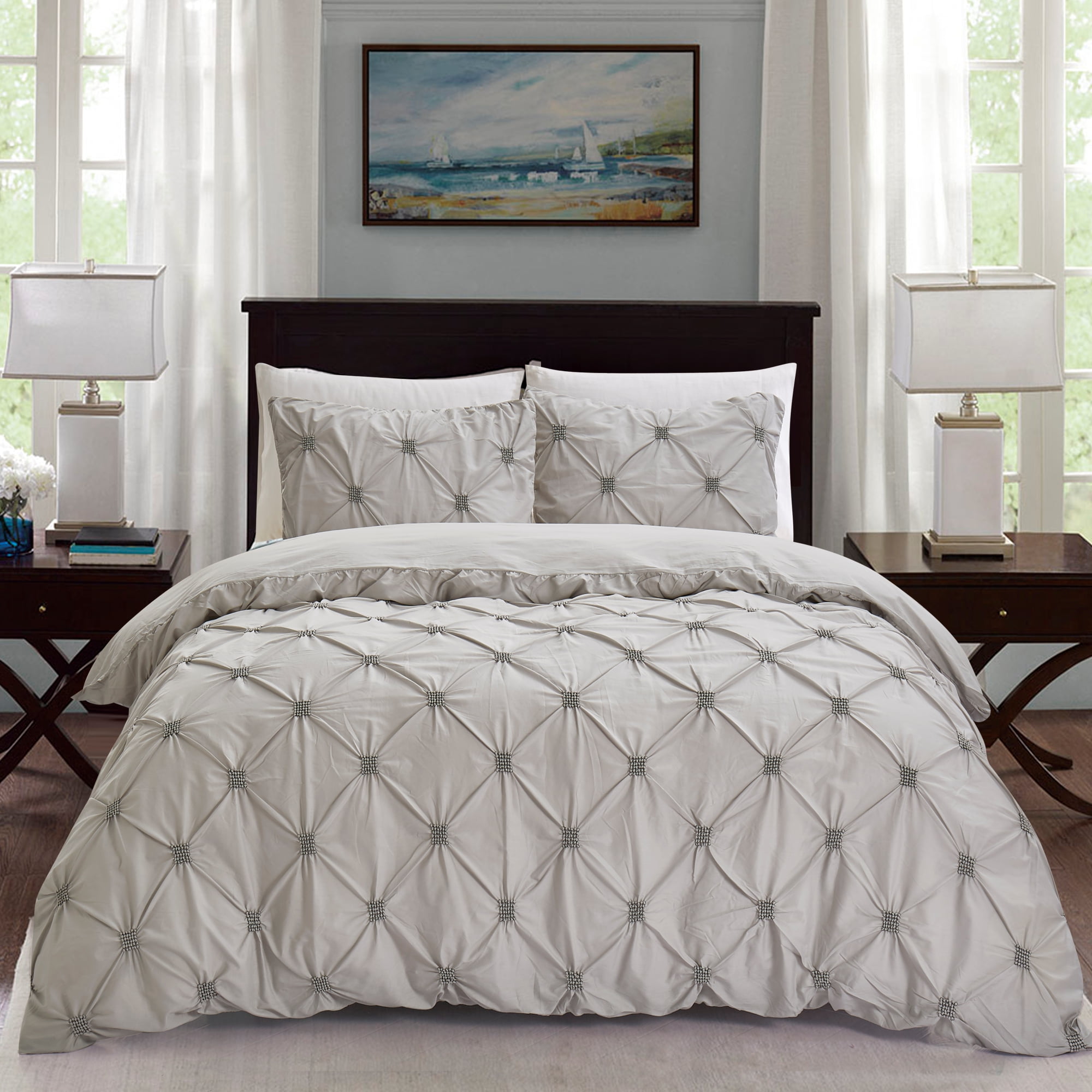 California Design Den Diamond Pintuck Duvet Cover Set Cotton Silver