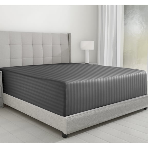 California Design Den Fitted Queen Sheet Only - Striped 500 Thread Count 100% Cotton, Sateen, Soft Deep Pocket Bottom Sheet, Grey Striped