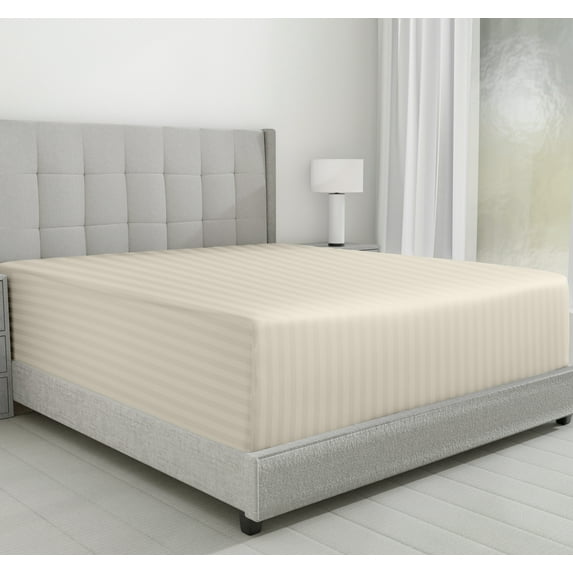 California Design Den Fitted Sheet Queen Only - Striped 500 Thread Count 100% Cotton, Sateen, Soft Deep Pocket Bottom Sheet, Ivory