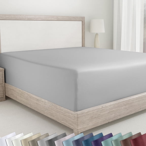 California Design Den Fitted Sheet Queen Only, Soft 400 Thread Count 100% Cotton Sateen, Deep Pocket, All-Around Elastic, Side Indicators - Light Grey