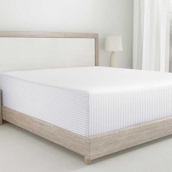 California Design Den Full Fitted Sheet Only, Soft 400 Thread Count 100% Cotton Sateen, Deep Pocket, All-Around Elastic, Sidedicators - Striped White