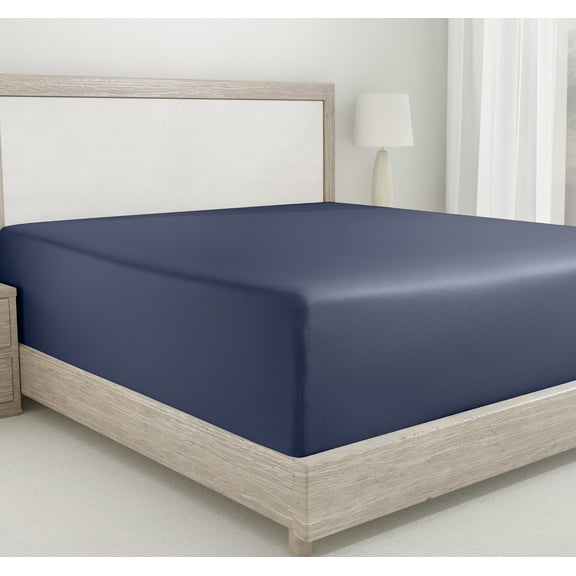 California Design Den Full Size Fitted Sheet Only, Soft 400 Thread Count 100% Cotton Sateen, Deep Pocket, All-Around Elastic, Side Indicators - Indigo Dusty Blue