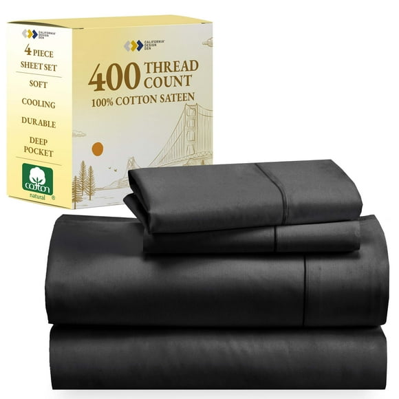 California Design Den Full Size Sheets Set - 400 Thread Count 100% Cotton Sheets Full, Sateen, Deep Pocket Cooling Sheets, Breathable Adult/Teen 4 Piece Full-Sized Bed Sheet Set Set - Black