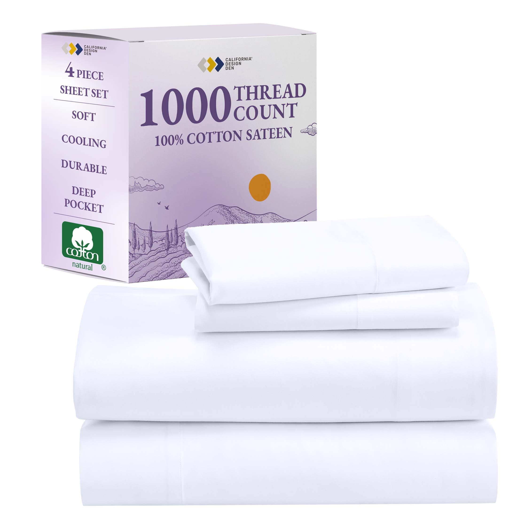 Luxury 1000 Thread Count White Cotton Sateen King Sheet Set