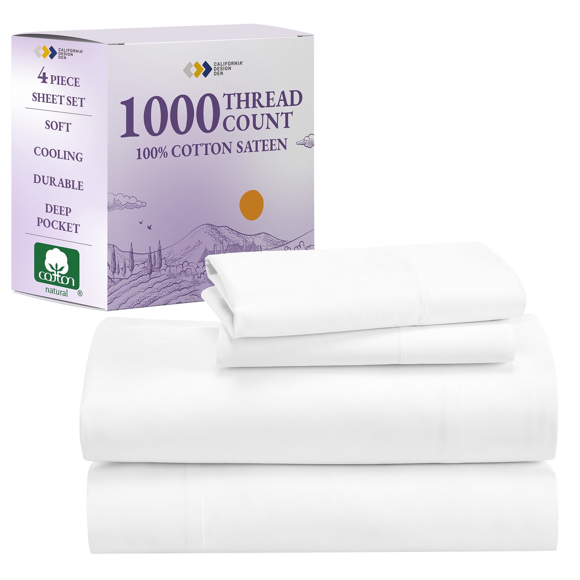 Luxury 1000 Thread Count White Cotton Sateen King Sheet Set