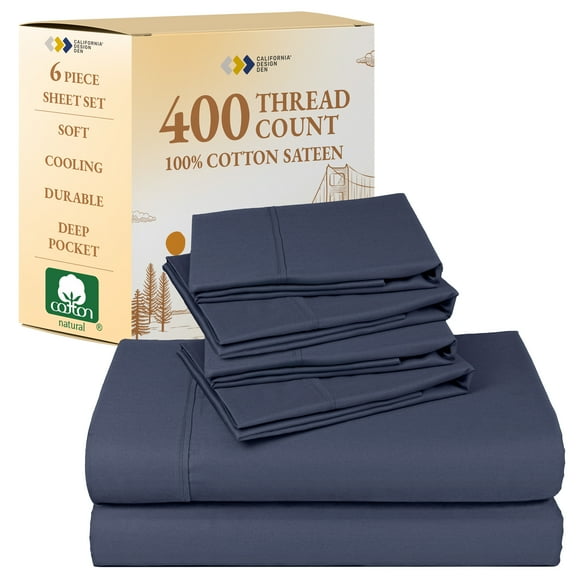 California Design Den King Sheets Set - 400 Thread Count 100% Cotton Sateen - Deep Pocket - Cooling - Breathable 6 Piece Adult/Teen Bed Sheet Set- Indigo Dusty Blue