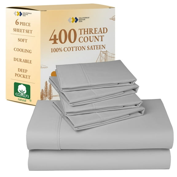 California Design Den King Sheets Set - 400 Thread Count 100% Cotton Sateen - Deep Pocket - Breathable 6 Piece Adult/Teen Bed Sheet Set, Light Grey