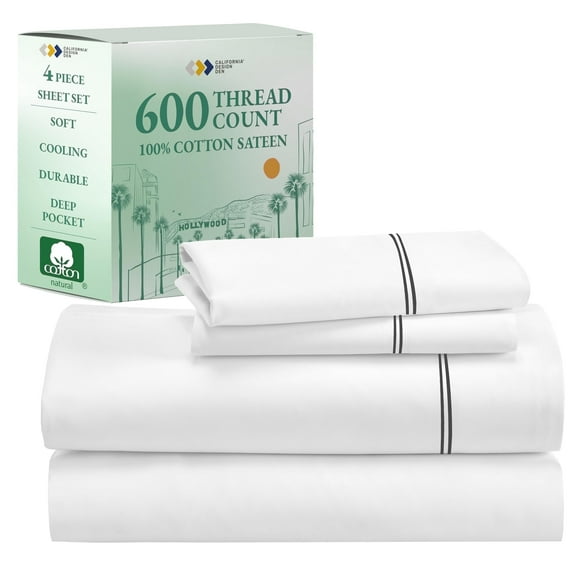California Design Den King Size Sheet Set - 600 Thread Count 100% Cotton Sateen, Adult 4 Piece Set - White Embroidered Grey