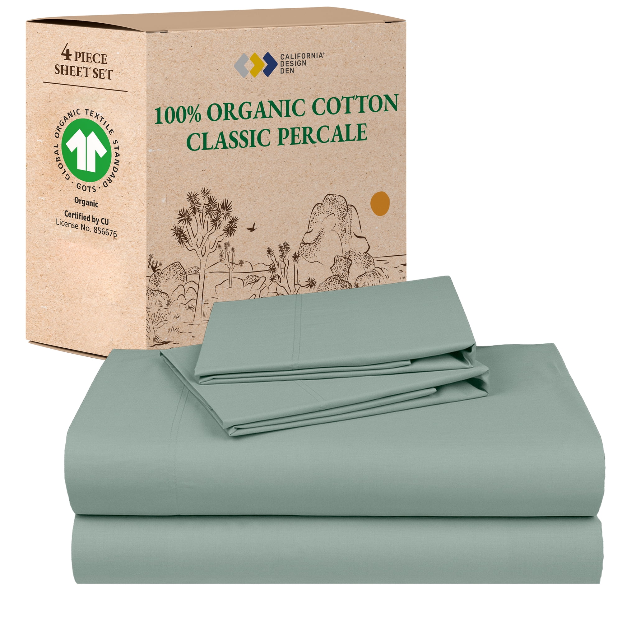 California Design Den King Size Sheets Set - 100% Organic Cotton Sheets, Soft & Crisp Percale, 4 Piece Deep Pocket Bedsheet Set - Sage Green