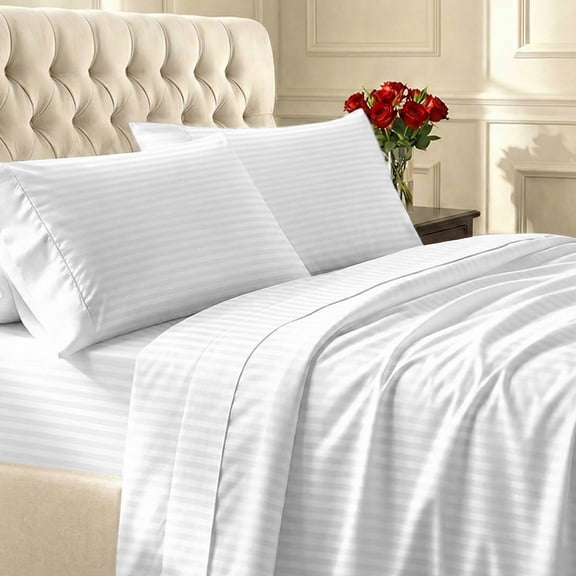 California Design Den King Striped Sheets Set - 400 Thread Count 100% Cotton Sheets, Sateen Bed Sheets King, Deep Pocket Cotton Sheet Set King, Breathable 4 Piece Adult/Teen White Sheet Set - White