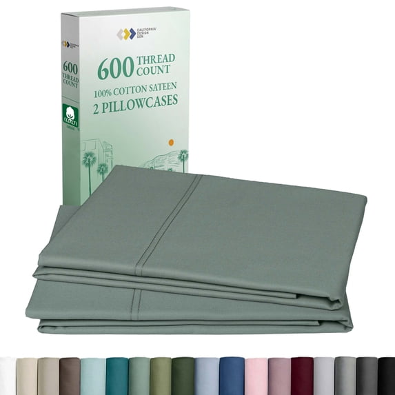 California Design Den 600 Thread Count, 100% Cotton Set of 2 Pillowcases, Standard/Queen - Sage Green -Cool Tone