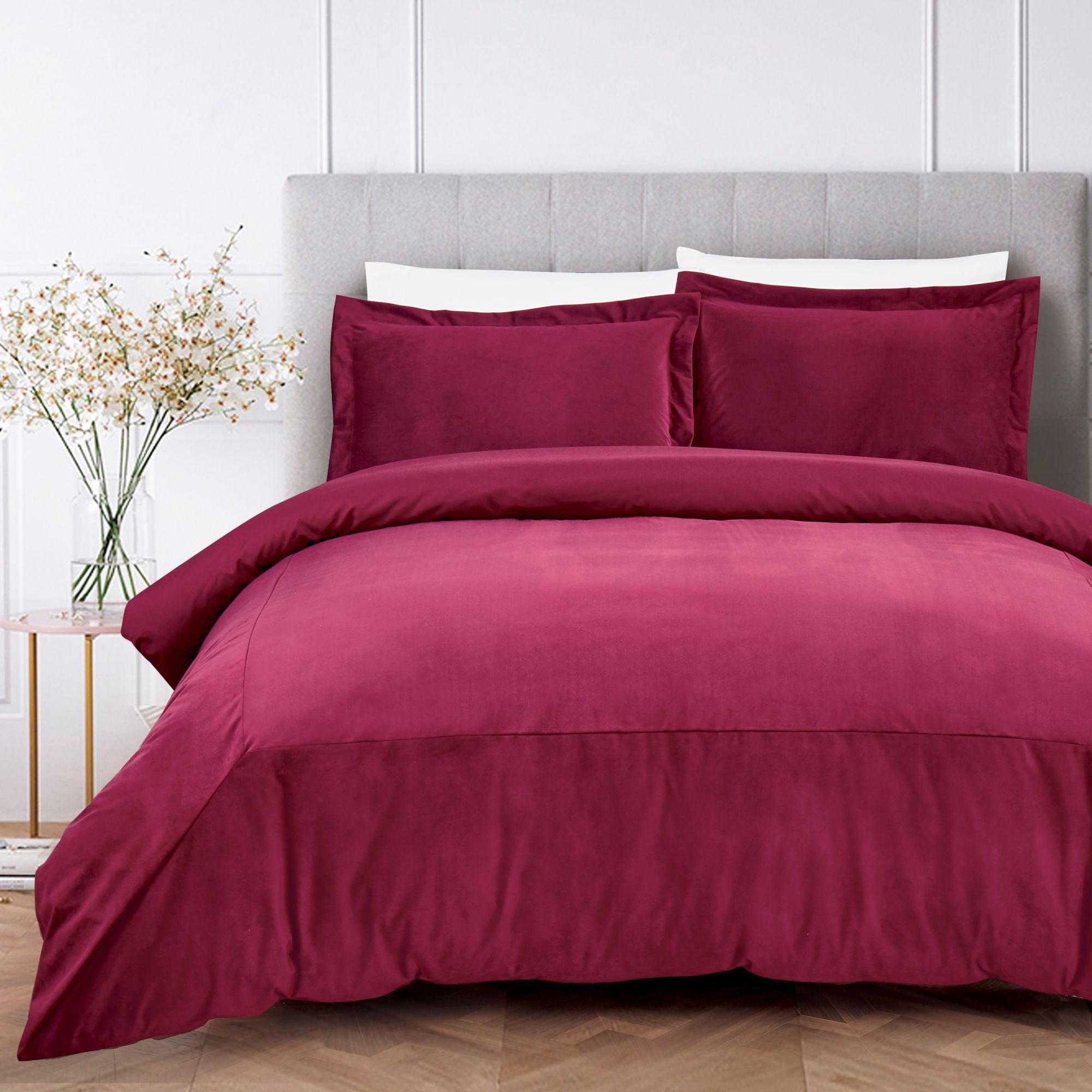 California Design Den Luxury French Velvet Duvet Cover Set Wine, King 3