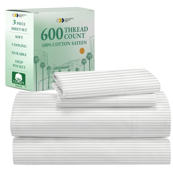 California Design Den Luxury Soft 600 Thread Count 100% Cotton Sheets Set, Ticking Stripe Pattern, Twin