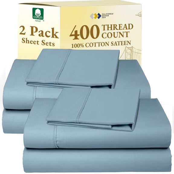 California Design Den Pack of 2 Twin Bed Sheets Set - 400 Thread Count 100% Cotton Sateen, Soft & Breathable , Deep Pockets - Sky Blue