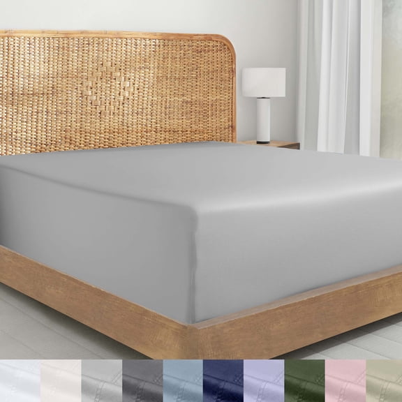 California Design Den Percale Weave Deep Pocket Organic Cotton Fitted Sheet Only, Queen, Light Grey