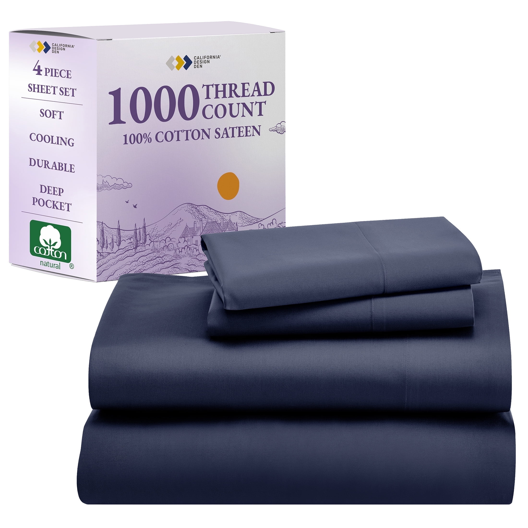 Luxury Deep Blue 1000 Thread Count Cotton Sateen Queen Sheet Set