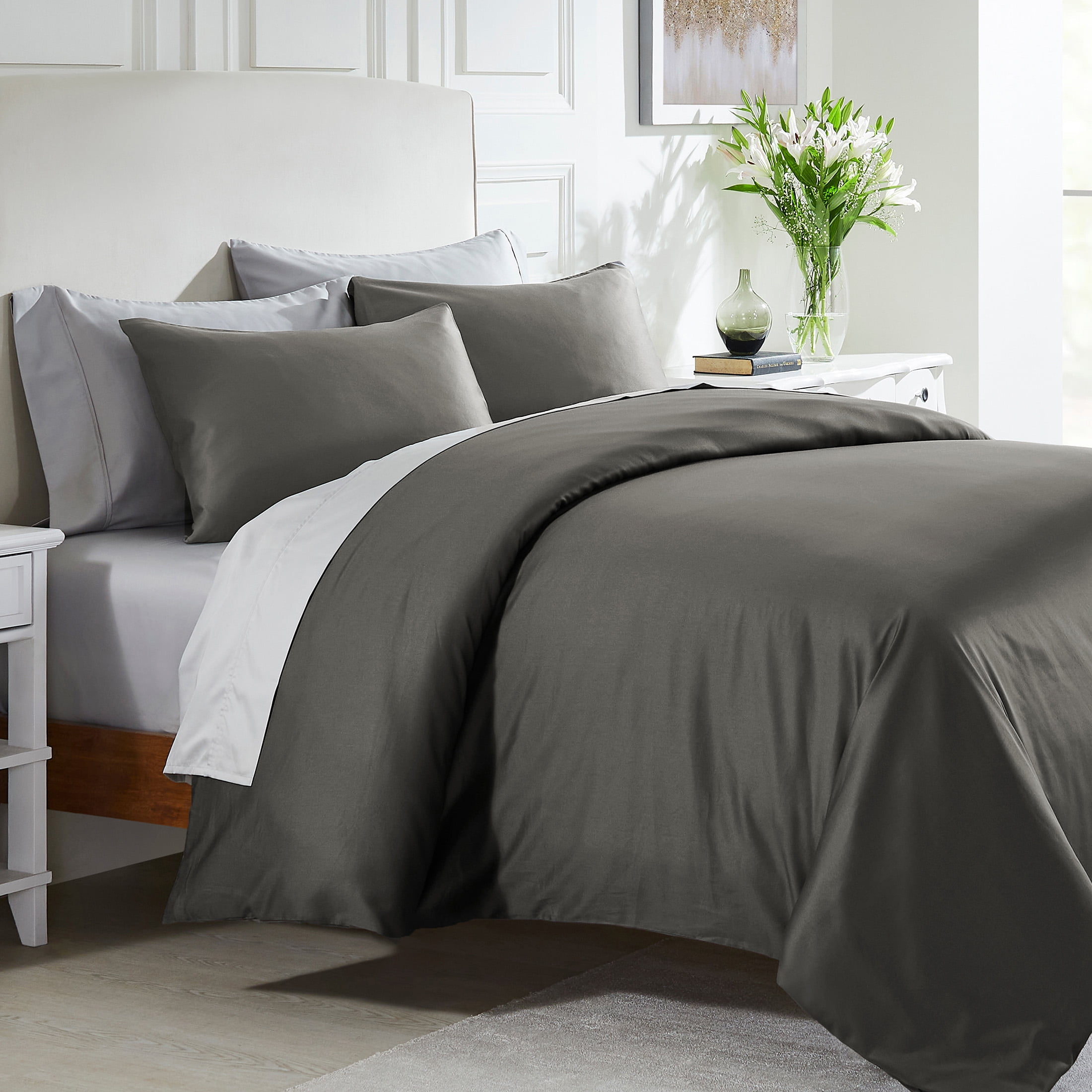 Gray Queen Cotton Sateen Duvet Cover Set with Button Closure