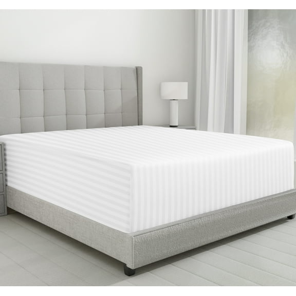 California Design Den Queen Fitted Sheet Only - Striped 500 Thread Count 100% Cotton, Sateen, Soft Deep Pocket Bottom Sheet, Bright White