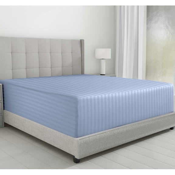 California Design Den Queen Fitted Sheet Only - Striped 500 Thread Count 100% Cotton, Sateen, Soft Deep Pocket Bottom Sheet, Light Blue