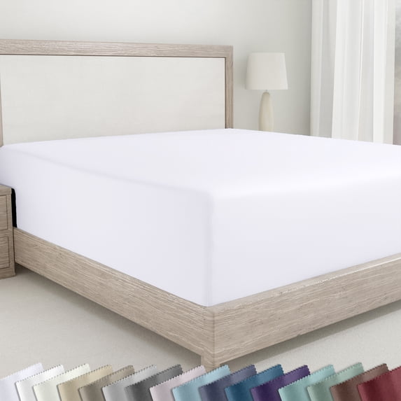 California Design Den Queen Fitted Sheet Only, Soft 400 Thread Count 100% Cotton Sateen, Deep Pocket, All-Around Elastic, Sidedicators - Bright White