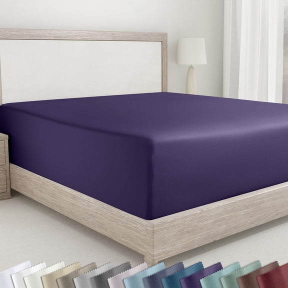 California Design Den Queen Fitted Sheet Only, Soft 400 Thread Count 100% Cotton Sateen, Deep Pocket, All-Around Elastic, Side Indicators - Dark Purple