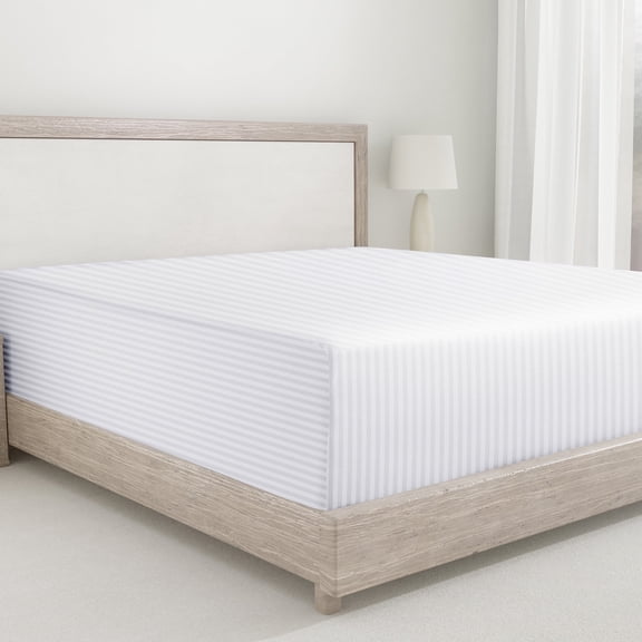 California Design Den Queen Fitted Sheet Only, Soft 400 Thread Count 100% Cotton Sateen, Deep Pocket, All-Around Elastic, Sidedicators - Striped White