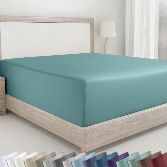 California Design Den Queen Fitted Sheet Only, Soft 400 Thread Count 100% Cotton Sateen, Deep Pocket, All-Around Elastic, Side Indicators - Teal