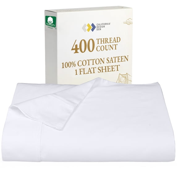 California Design Den Queen Flat Sheet Only - 400 Thread Count Soft 100% Cotton Sateen Weave Bedding - Quality, Lightweight and Breathable, Bright White