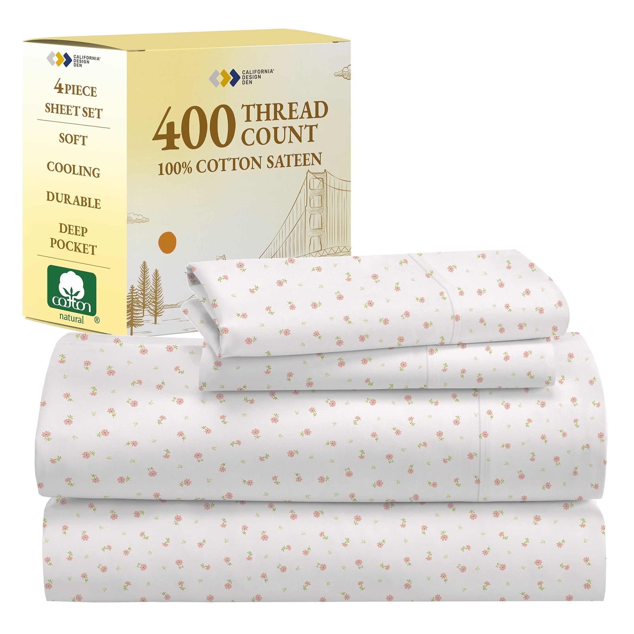 Queen Soft Floral Cotton Sateen Deep Pocket Sheet Set