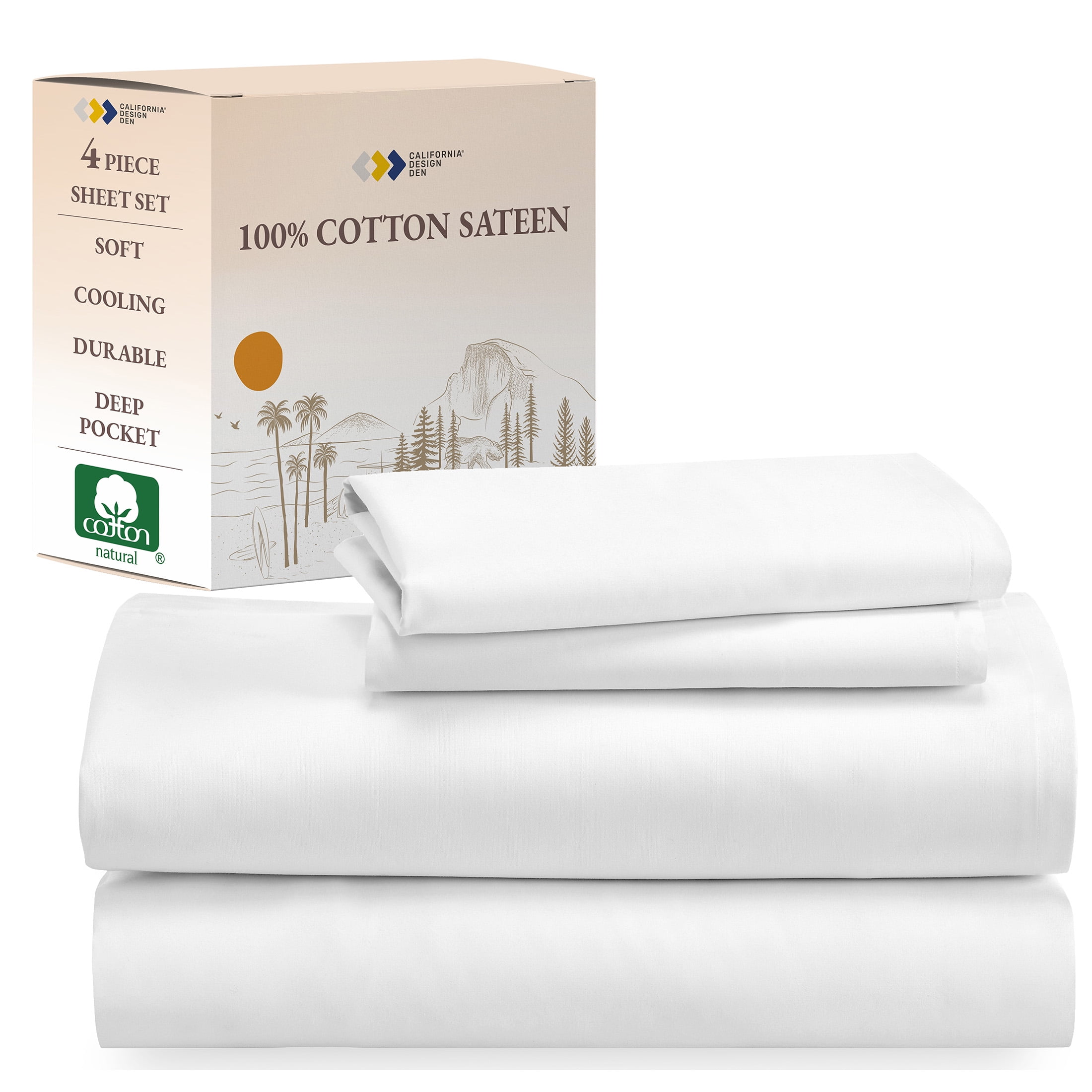 California King Bright White Cotton Sateen Deep Pocket Sheet Set