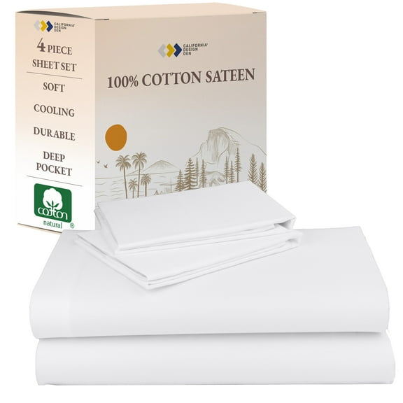California Design Den Queen Sheets Set - 100% Cotton Bed Sheets Set, Deep Pocket Queen White Sheets, Soft Cooling Sheets, 4 Piece Bedding and Pillowcases Set - White Cotton Sheets
