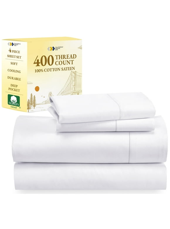 California Design Den Queen Sheets Set - 400 Thread Count 100% Cotton Sateen - Deep Pocket - Cooling - Breathable 4 Piece Adult/Teen Bed Sheet Set, Bright White