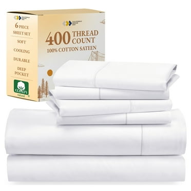 California Design Den Queen Sheets Set - 400 Thread Count 100% Cotton Sateen - Deep Pocket - Cooling - Breathable 6 Piece Adult/Teen Bed Sheet Set, Bright White