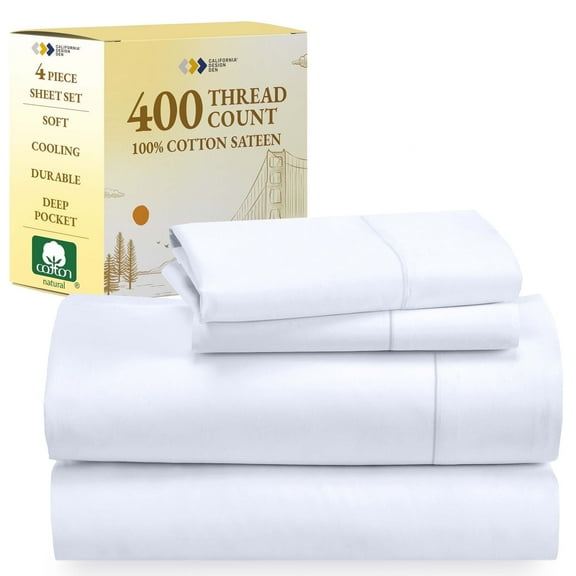 California Design Den Queen Sheets Set - 400 Thread Count Queen Sheets, 100% Cotton Sateen, Deep Pocket Bedding Sheets, Cooling and Breathable 4 Piece Adult/Teen Bed Sheet Set - White Sheet Set